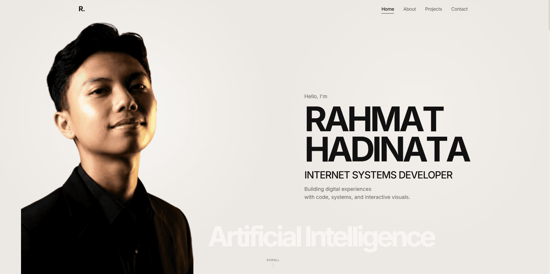 Halaman utama blog personal Rahmat Hadi Nata dengan potret dan tipografi editorial